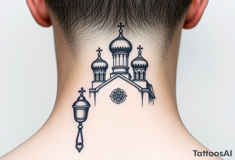 russian orthodox thurible chains with incense burning outside a russian orthodox domes church tattoo idea