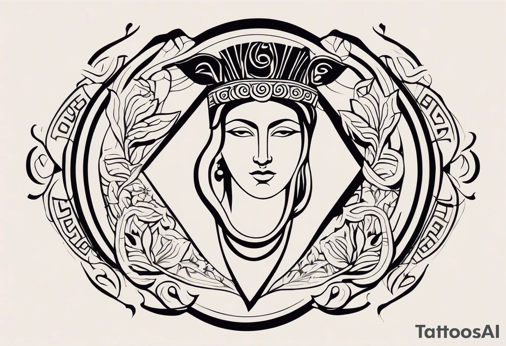 Craft an abstract yet distinctly ancient Greek-inspired tattoo design featuring both Dionysus and Clio. Incorporate motifs from classical Greek art such as geometric patterns, meander borders, and stylized representations of the gods. For Dionysus, integrate symbols like grape clusters, ivy leaves, or the thyrsus staff in a dynamic and fluid composition, capturing the essence of his revelry and passion. Similarly, for Clio, infuse elements like scrolls, laurel wreaths, or the lyre into the design, evoking a sense of scholarly enlightenment and artistic inspiration. Ensure the overall aesthetic echoes the elegance and timelessness of ancient Greek art, offering a unique interpretation of these revered deities tattoo idea