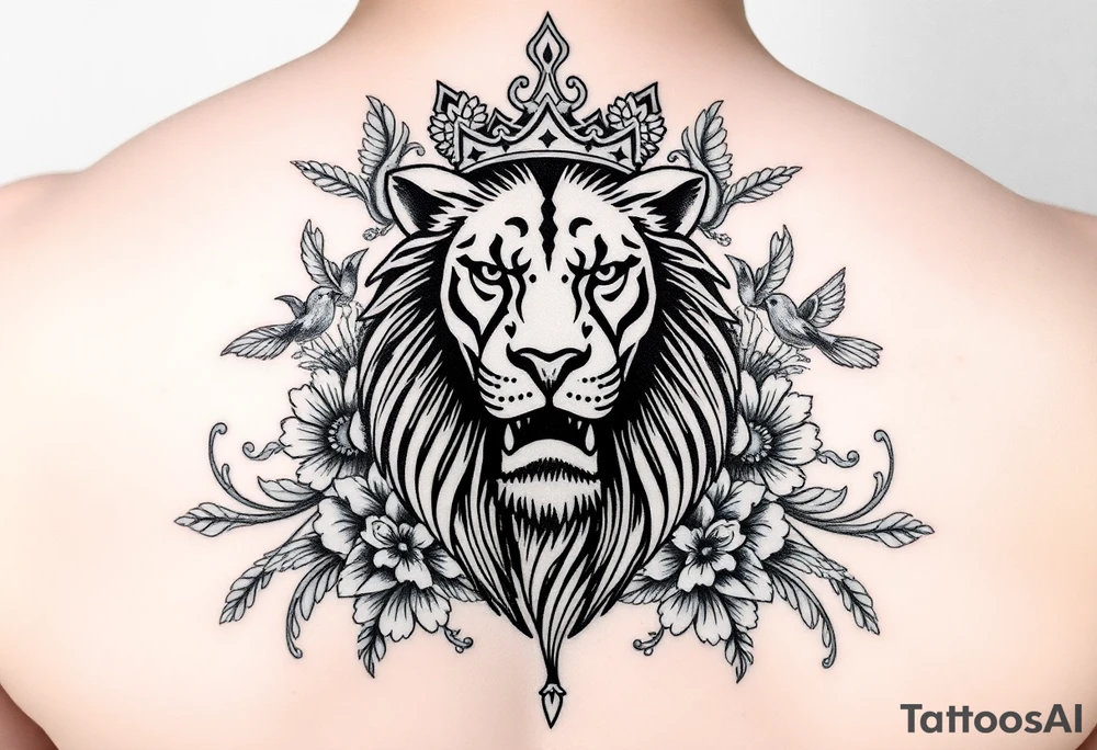 powerful majestic lion with a crown, surrounded by floral ornaments and birds tattoo idea