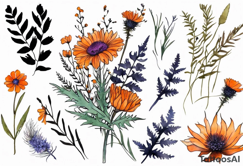 mixed wildflower bouquet with ferns, burnt orange flower, thistle and with watercolor to go along foot tattoo idea