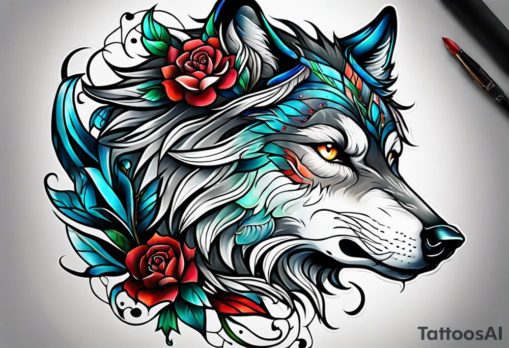 Neotraditional wolf tattoo idea