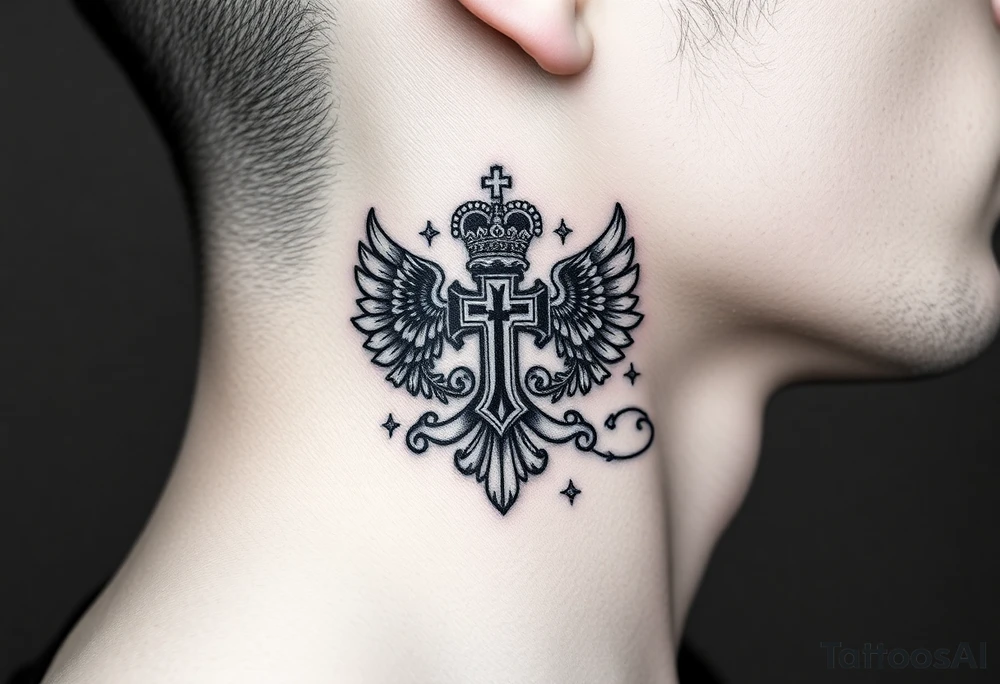 russian coat arms in a russian christian orthodox cross with the cross in the middle with a virgin mary & orthodox dome church on the side of the neck in a wilderness setting tattoo idea