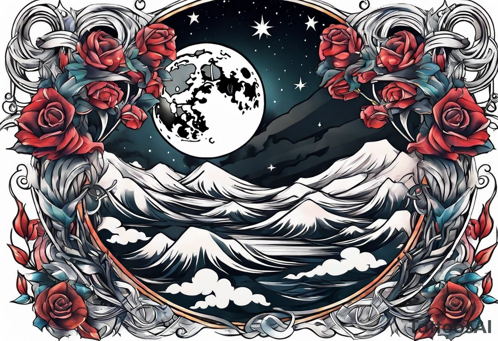 Moon surrounded by ribbons of smoke tattoo idea