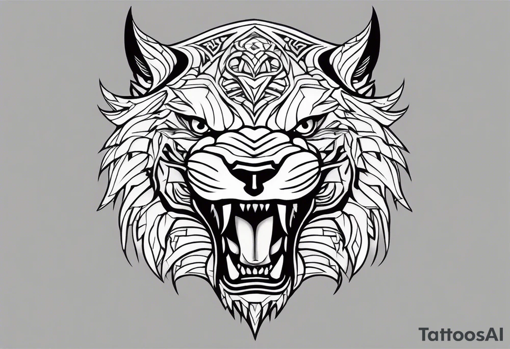 A tattoo designed for the knee, featuring the face of a mitological beast with wild, exaggerated features, such as sharp fangs, intense eyes, and a snarling expression. The design incorporates large areas of white space for contrast, with beams of light or energy radiating outward from the beast’s eyes in a chaotic and powerful pattern. The overall look should be bold and primal, with flowing lines that adapt naturally to the curvature of the knee. tattoo idea