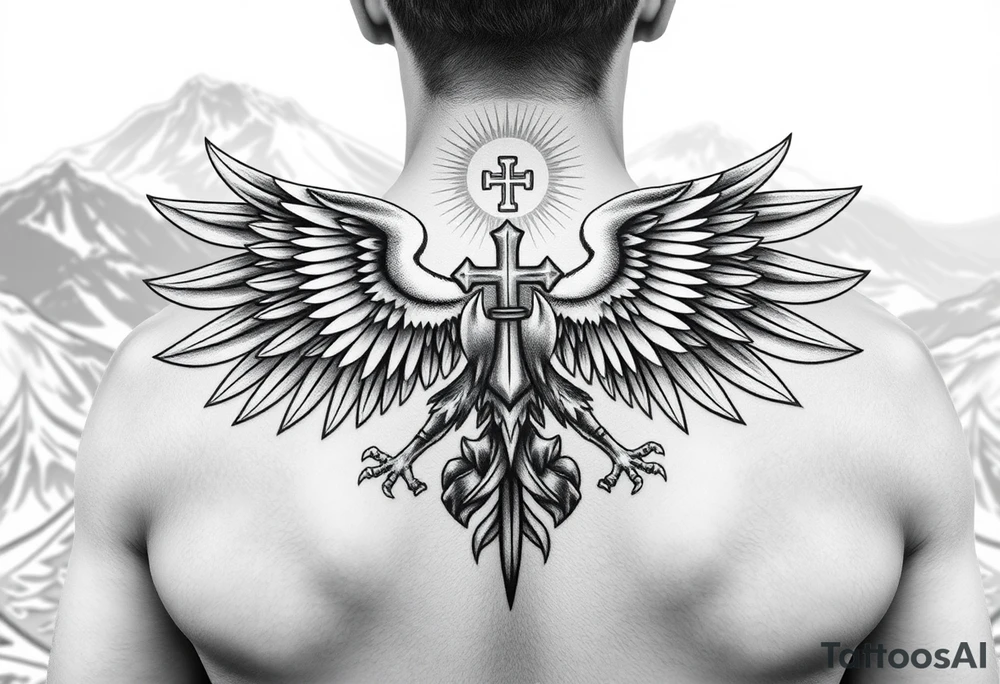 i am looking at getting a russian / serbian style double headed eagle like the coat of arms spread out on my back neck across my shoulders / traps in a orthodox christian church style setting with a sun beaming and in a mountainous setting, such as a Sovereign of the Mountain and an orthodox church in the background with the russian orthodox cross spire of the orthodox church being visible on my neck with a sun beaming in the background that the cross sits inside tattoo idea