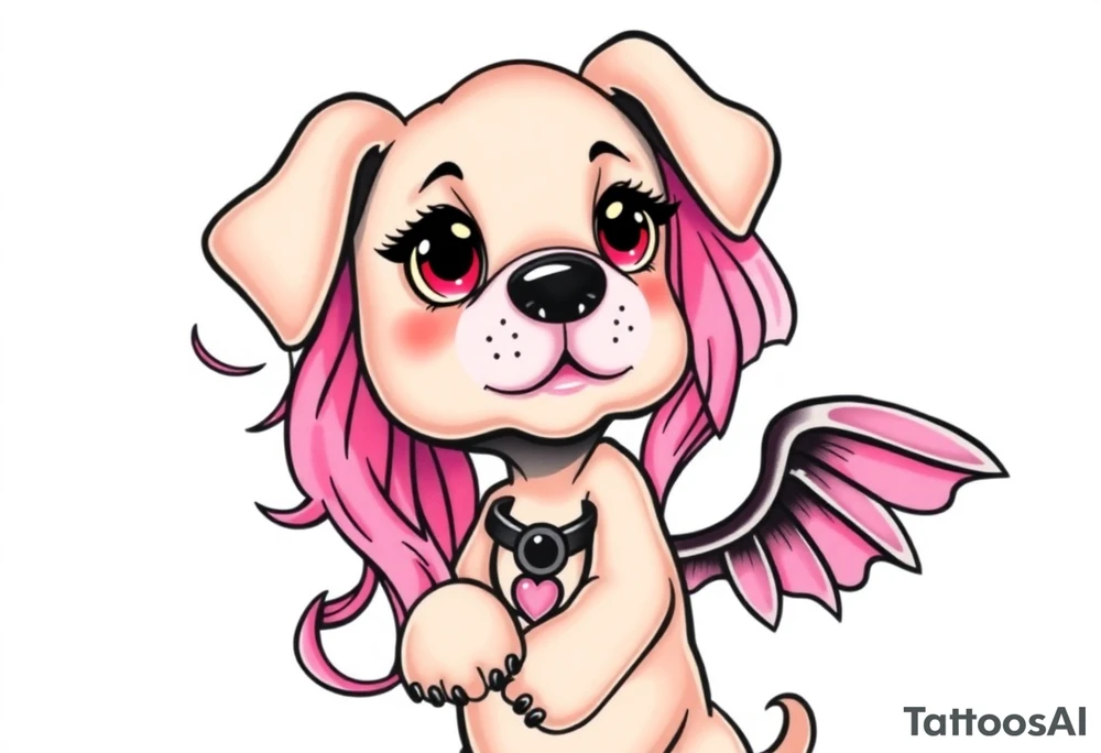goth sexy puppy girl with big boobs and pink hair full human body tattoo idea