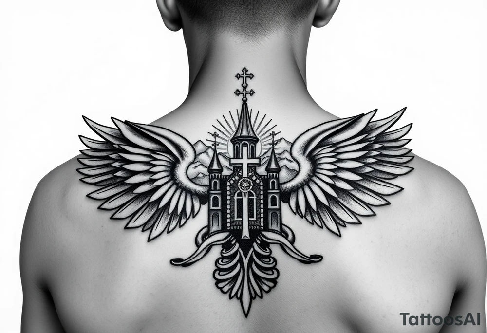 russian coat of arms with both heads visible & wings spanning out on my back neck across on to my shoulders with an orthodox christian church being visible in a mountainous sun beaming setting, with the russian orthodox cross spire of the orthodox church being visible on my neck with a sun beaming in the background that the cross sits inside tattoo idea