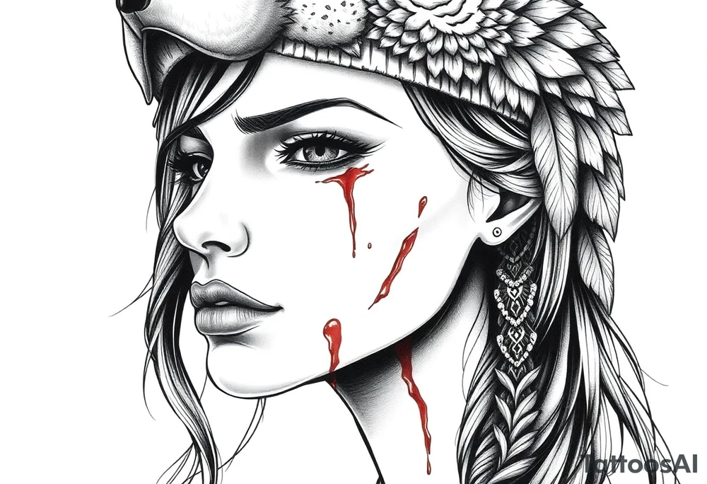 Beautiful Womans shedding a tear, with battle scars and blood on face, wearing a mean looking bear headdress on head tattoo idea