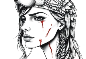 Beautiful Womans shedding a tear, with battle scars and blood on face, wearing a mean looking bear headdress on head tattoo idea