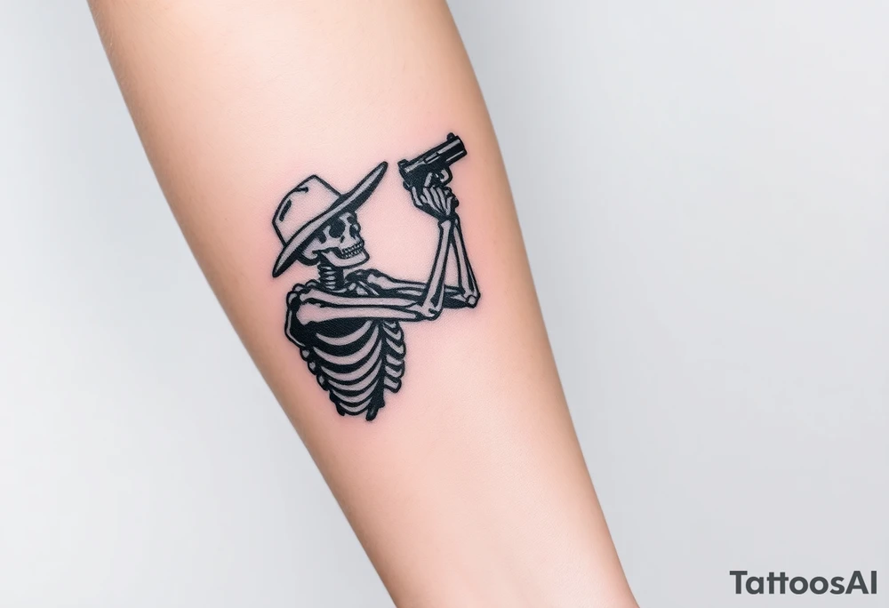 Detailed Skeleton cowboy shooting a revolver above his head tattoo idea