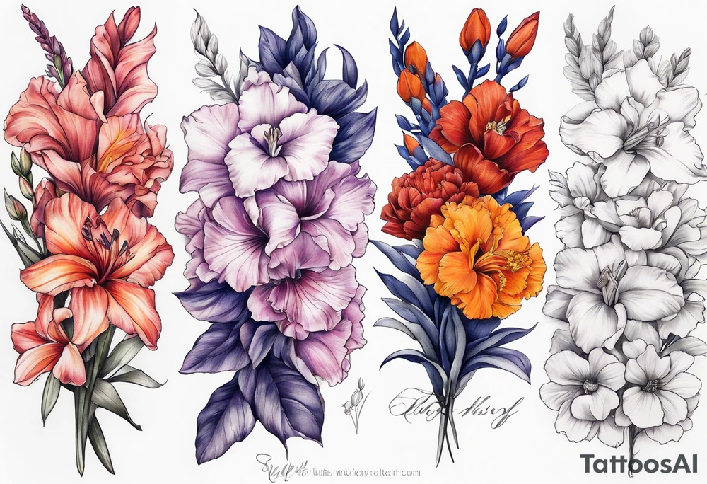 full sleeve of floral tattoo of purple gladiolus flower, pink peony, red hawthorn, orange marigold, navy blue sweet pea, and white paper white narcissus tattoo idea