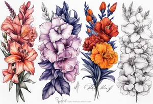 full sleeve of floral tattoo of purple gladiolus flower, pink peony, red hawthorn, orange marigold, navy blue sweet pea, and white paper white narcissus tattoo idea