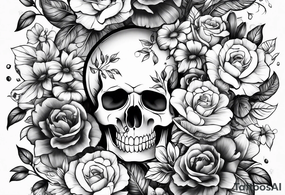 Floral sleeve with skulls tattoo idea
