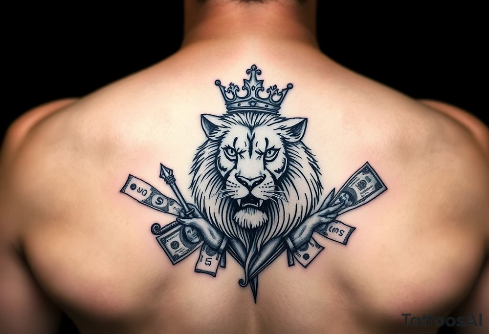 lion with a crown, surrounded by money and joker tattoo idea