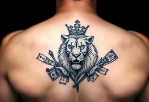 lion with a crown, surrounded by money and joker tattoo idea