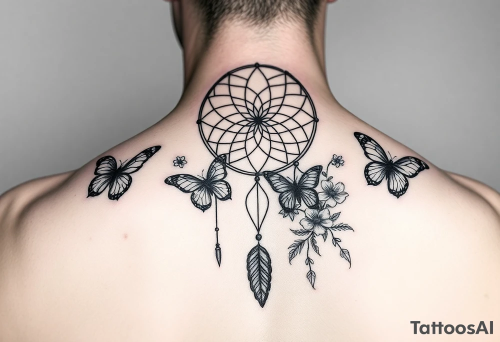 Small Simple dream catcher with butterflies and flowers tattoo idea