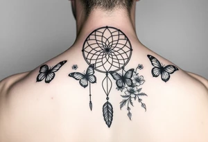 Small Simple dream catcher with butterflies and flowers tattoo idea