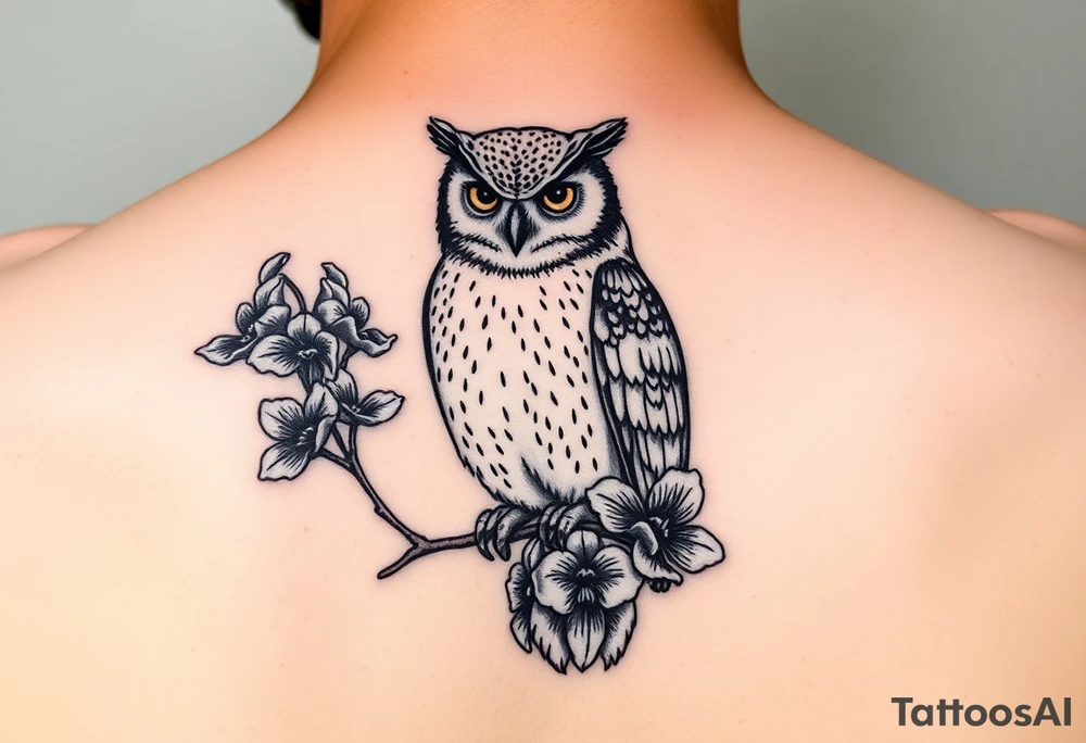 Owl sitting on a branch of violets tattoo idea