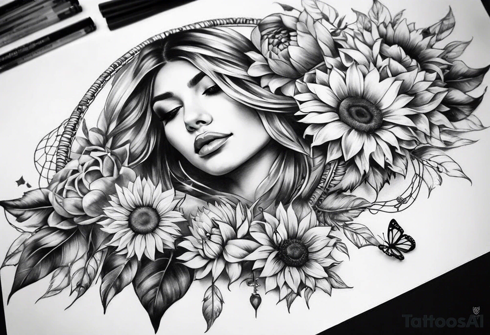 arm sleeve with dreamcatcher, rainbow sunflowers and one butterfly tattoo idea