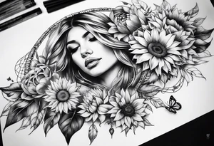 arm sleeve with dreamcatcher, rainbow sunflowers and one butterfly tattoo idea