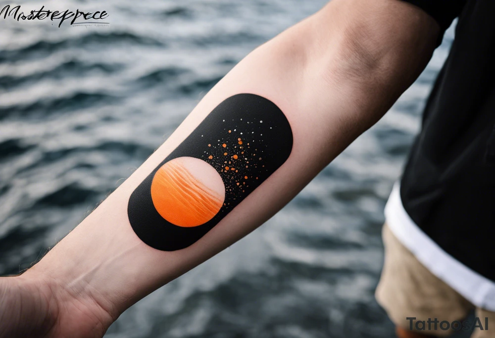 This is an extremely simple and minimalistic tattoo on male forearm. It is black and white with minuscule splashes of orange from the sun. The tattoo 4 inches wide by 2 inches tall. I is NOT a circle. From the perspective of being on the ocean, Water is calm, with no waves in sight, the sun is setting behind the ocean, reflecting light onto the ocean. tattoo idea