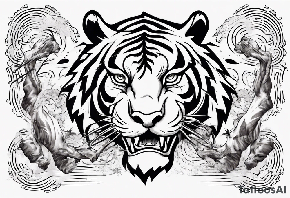 Ancient tiger with lightning and a sun for a forearm sleeve. With patterns surrounding it tattoo idea