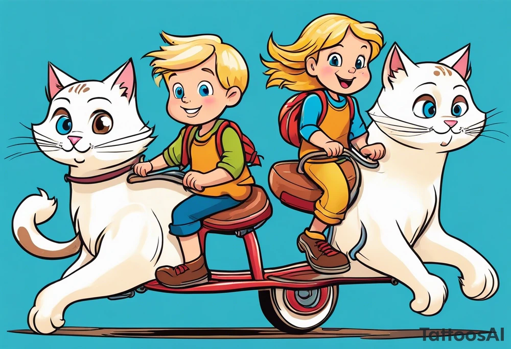 a thin blond boy with long hair and blue eyes of about 10 years old accompanied by two six-year-old twins girls, one a little chubby, with brown hair down to her shoulders, the three of them riding on a giant white cat tattoo idea
