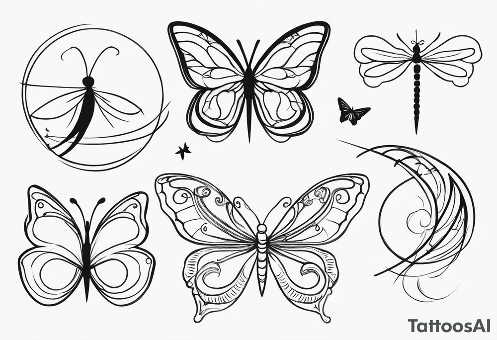 Fine line spine tattoo, butterflies, dragonflies, moons, motivational quote and other unique sketches tattoo idea