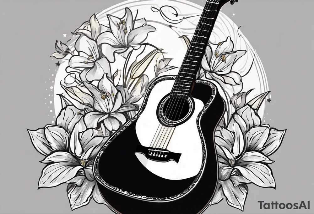 flat basic black acoustic guitar, entire guitar, wrapped with lilies around the neck, with a simple black star on the guitar body. meant for the inside of a woman's bicep tattoo idea