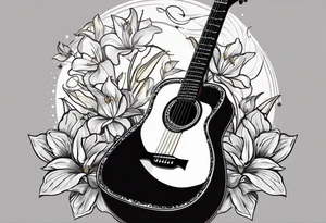 flat basic black acoustic guitar, entire guitar, wrapped with lilies around the neck, with a simple black star on the guitar body. meant for the inside of a woman's bicep tattoo idea