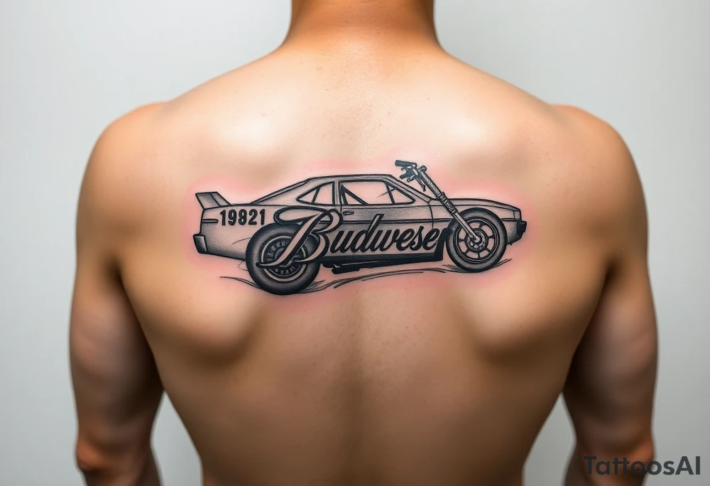 An arm tattoo with Dale Earnhardt car on it with the year 1958 - 2021 intertwined with a motorcycle with a Budweiser logo on it tattoo idea