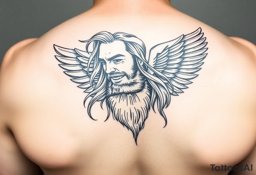 Male with long hair and beard flowing in the wing with smile on face tattoo idea