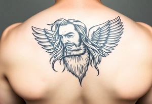 Male with long hair and beard flowing in the wing with smile on face tattoo idea