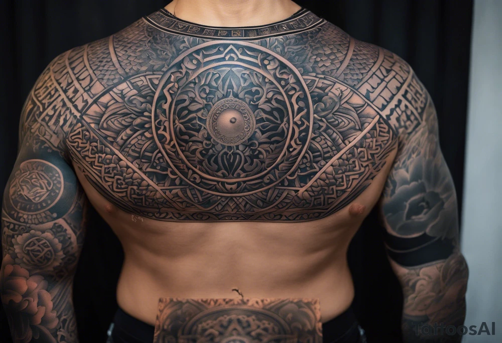 A full tattoo sleeve inspired by Greek mythology, designed with a dark and powerful aesthetic. The centerpiece is the Greek goddess Aphrodite, depicted with a strong yet ethereal presence, embodying both beauty and power. Surrounding her, intricate mandala patterns are woven into the design, adding a sense of balance and symmetry while maintaining a masculine edge. The shading throughout the sleeve is heavy and dramatic, creating deep contrasts and a sense of depth. Additional elements like laurel wreaths, classical columns, or stormy ocean waves intertwine with Aphrodite, symbolizing strength, endurance, and the untamed forces of nature. The overall design should be bold and intense, capturing the mythological grandeur in a way that resonates with a strong, masculine energy. tattoo idea