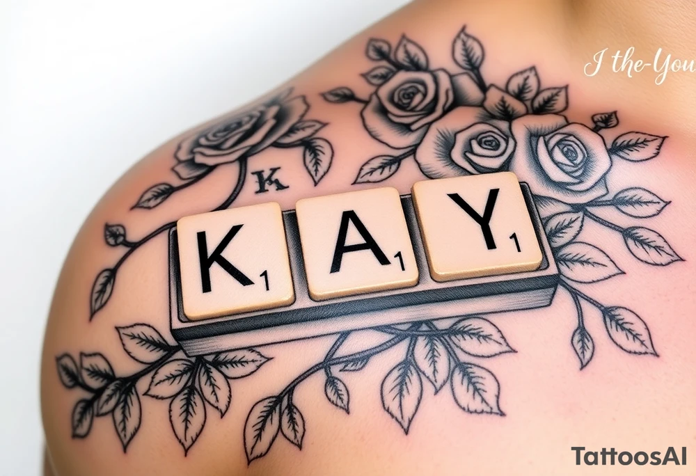 Tattoo on left shoulder
Predominant focal point: Scrabble letters spelling “KAY” resting on scrabble piece holder tray. The numbers in corner of each letter should not be actual scrabble values, instead they should be “1,4,3” or K=1, A=4, Y =3. To represent “I love you” 

This tattoo is to honor my grandmother in hospice

Surrounding the scrabble tile holder and pieces spelling KAY, her name, will be a rose bush tattoo. It should look realistic and fill all space between focal point scrabble tiles & the curves of my left shoulder muscle. I am pretty muscular, so I want the rose bush and stems to scent the definition of my shoulder muscles well. It should highlight my muscles and accentuate them more.

Tattoo in its entirety should cover the whole side of shoulder. The entire left shoulder, like Dwayne rock Johnson’s entire shoulder is covered. And rose bush should show lots of vines/stems tattoo idea