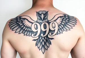 The number 999 in the middle with a majestic eagle around it tattoo idea