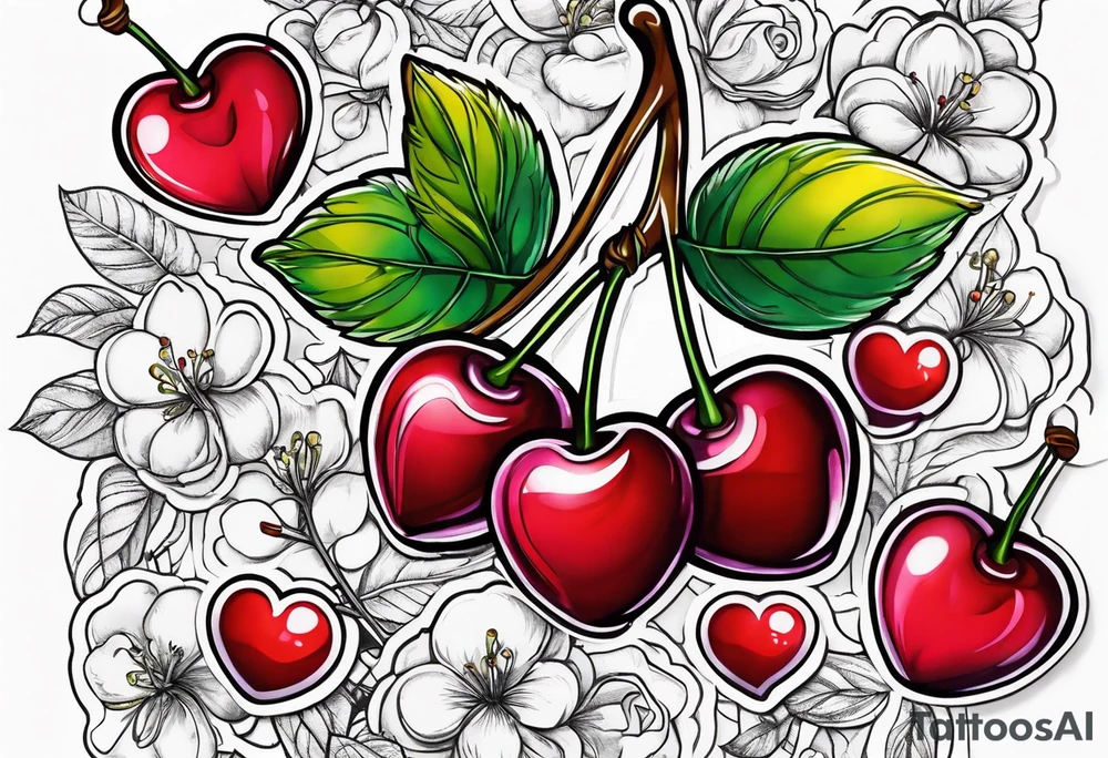 Cherries with ribbon and love heart candy tattoo idea
