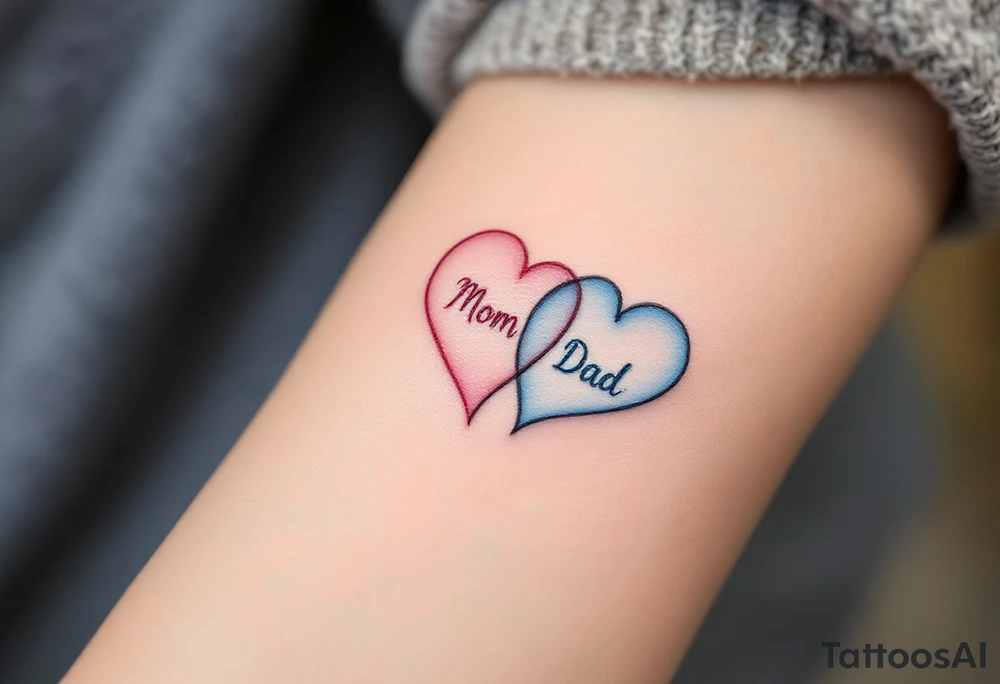 A split heart tattoo: one side in soft pink labeled “Mom,” the other in sky blue labeled “Dad.” tattoo idea