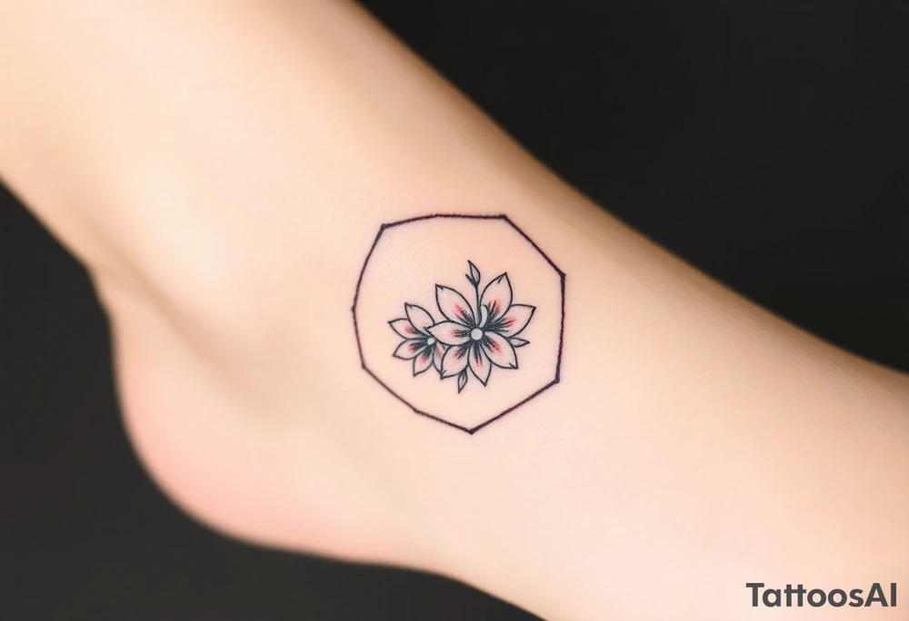 Faint Hexagon with Leo, larkspur and water lilies in the center tattoo idea