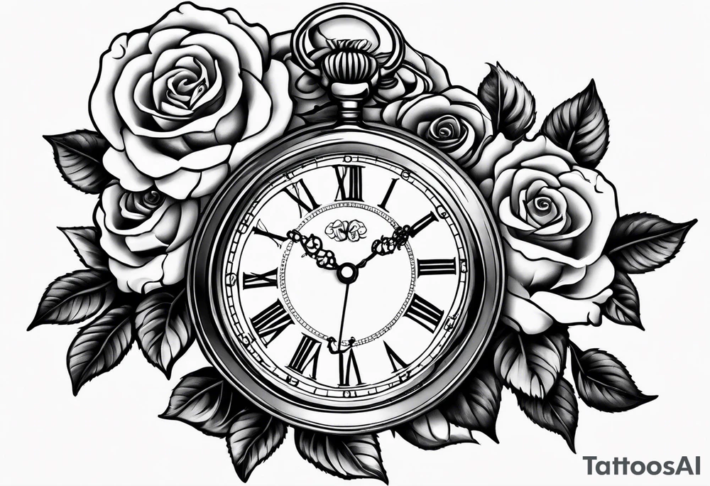 Pocket watch with train and roses tattoo idea
