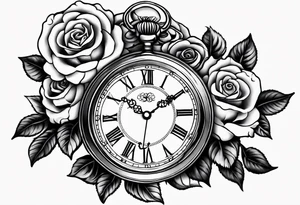 Pocket watch with train and roses tattoo idea