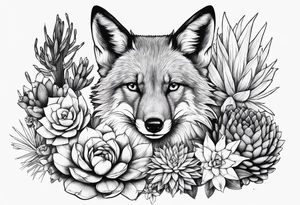 Succulents and cacti around a fox and crow tattoo idea