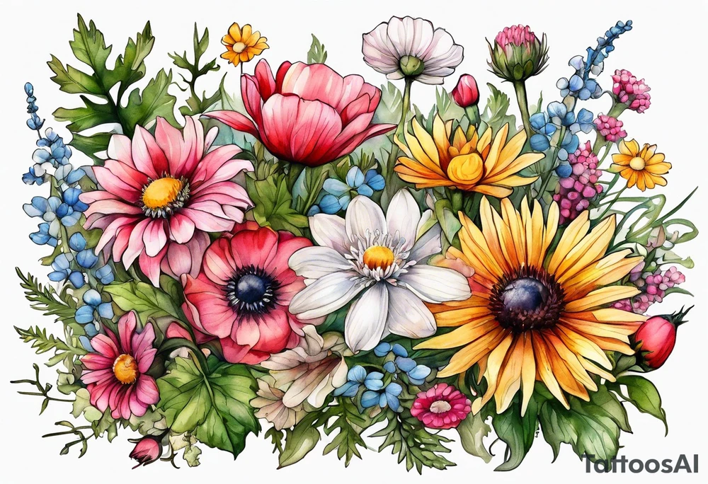 wildflowers cascading with thistles, ferns, white anemones, sun flowers, buttercups, pink flowers, red flowers, babys breath and daisies all in watercolor tattoo idea
