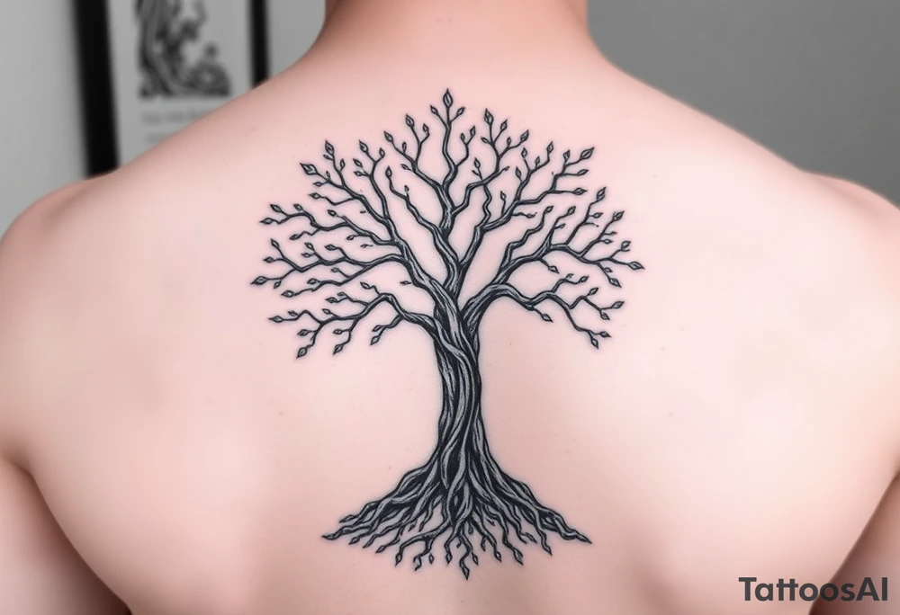 mystical tree of life with cosmic roots and celestial branches tattoo idea