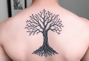 mystical tree of life with cosmic roots and celestial branches tattoo idea