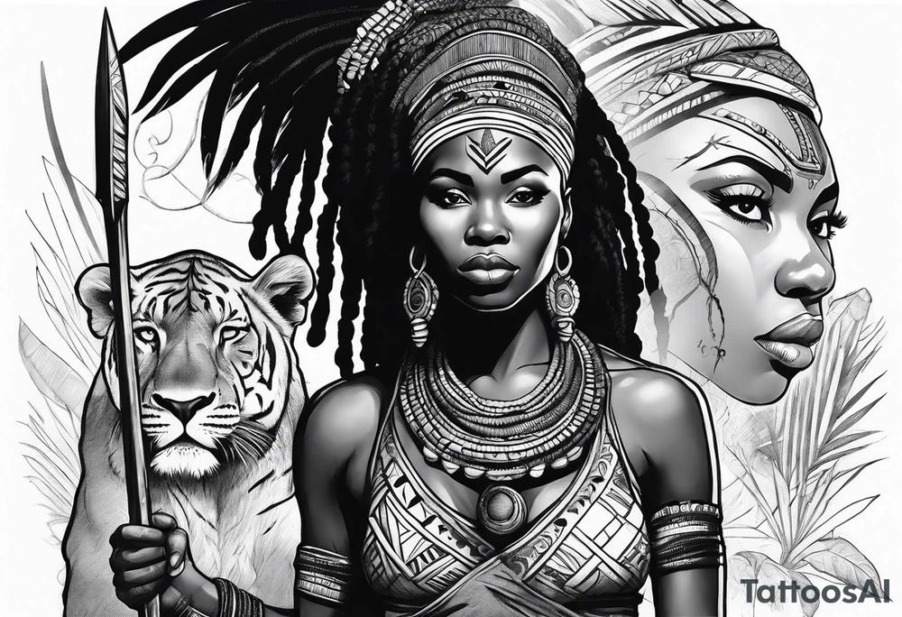 African woman warrior with tribe scars and spear in hand with animals in background tattoo idea