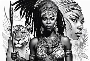 African woman warrior with tribe scars and spear in hand with animals in background tattoo idea