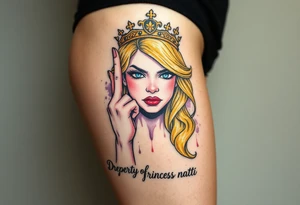 powerful blond findomme princess with crown on, holding up her middle finger with look of disgust on her face being pathetic with caption “Property of Princess Natti” tattoo idea