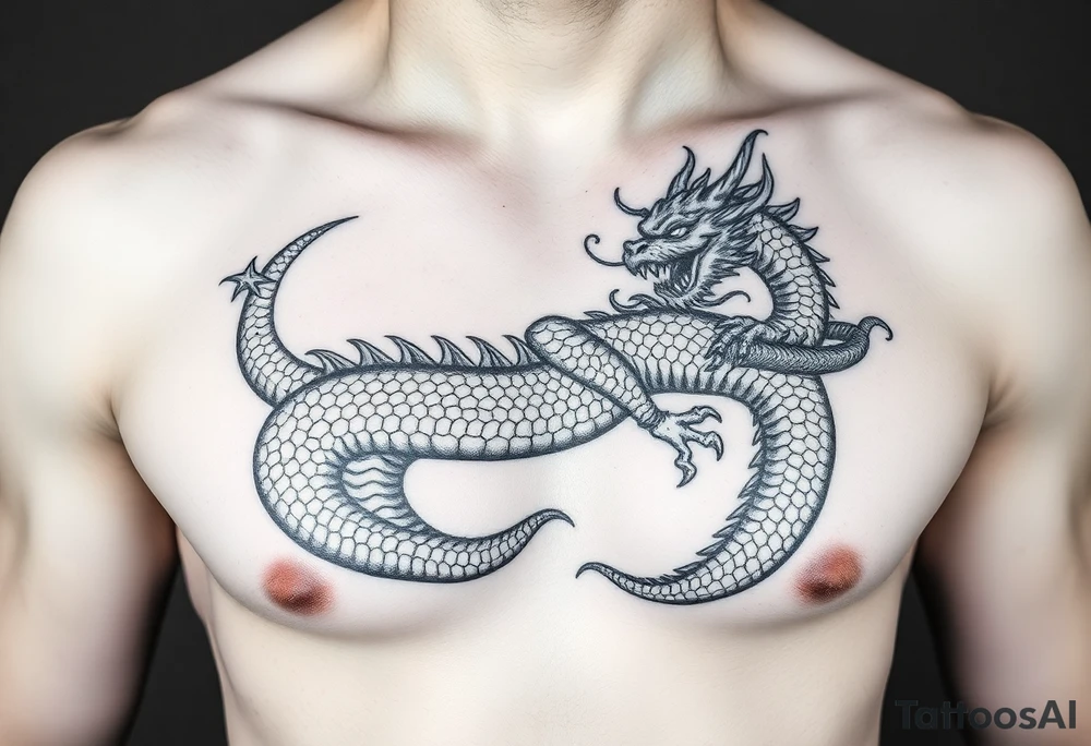 dragon on right chest wrapping over shoulder with naga in telugu tattoo idea
