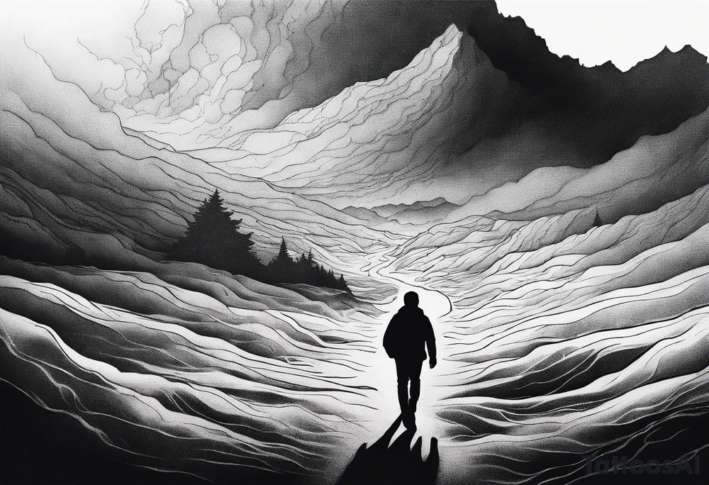 I silhouette of person walking through a dark, expansive hell scape tattoo idea